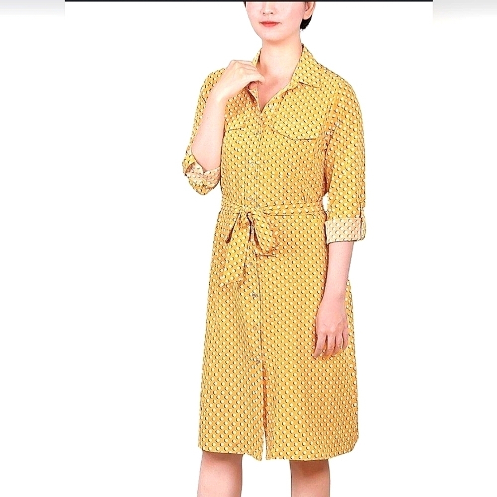 NY COLLECTION SIZE M POLKADOTS YELLOW‎ DRESS MIDI FALL